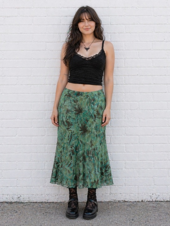 Vintage Dresses & Skirts - Vintage Y2K Mermaidcore Green Midi Skirt Sheer Mesh Womens Medium Low Rise 90s